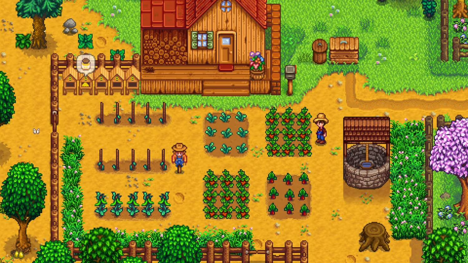 Granja de píxeles con casa de madera, cultivos, colmenas, pozo y personajes al estilo de un videojuego.