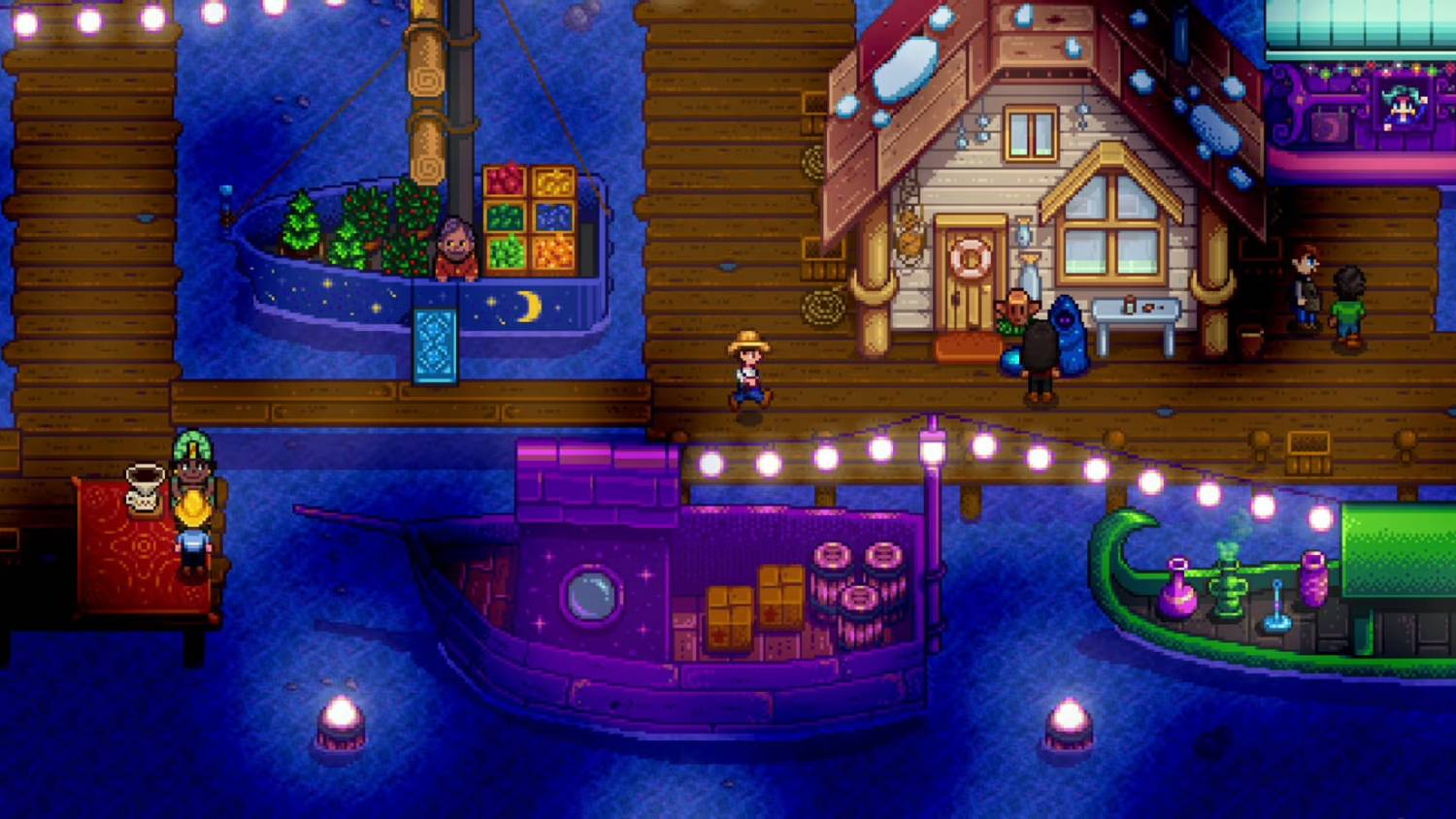 Escena nocturna de arte pixelado en un muelle de madera con barcos iluminados y pequeños personajes.