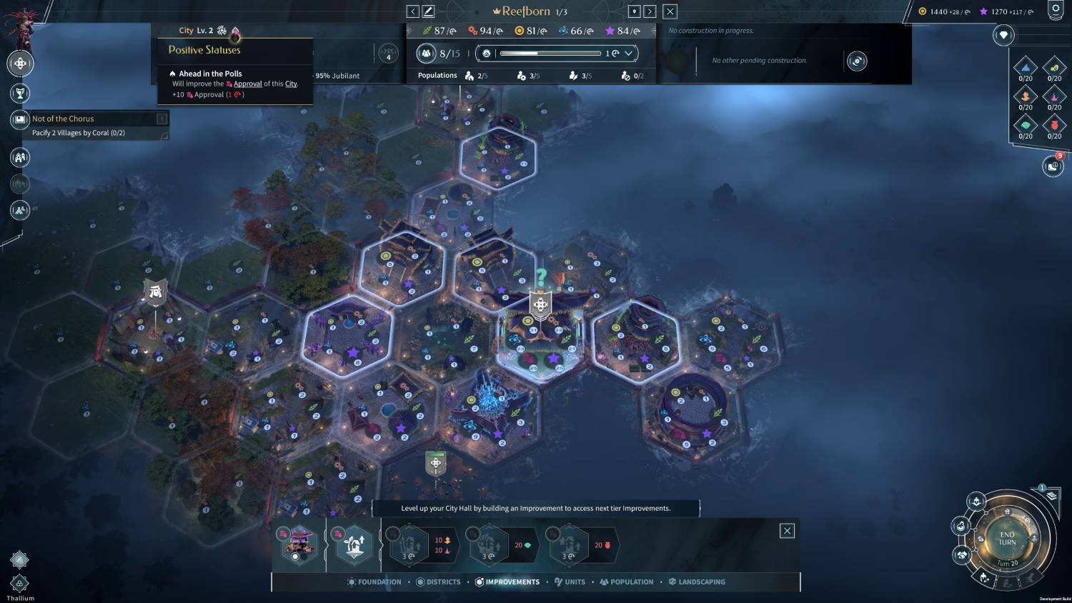 Captura de pantalla de un juego de estrategia con vista general de la ciudad, casillas hexagonales y estadísticas.
