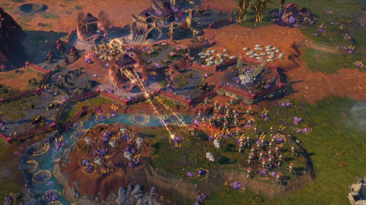 Vista cenital de un juego de estrategia fantástico con ejércitos, ataques mágicos, terreno alienígena y estructuras.