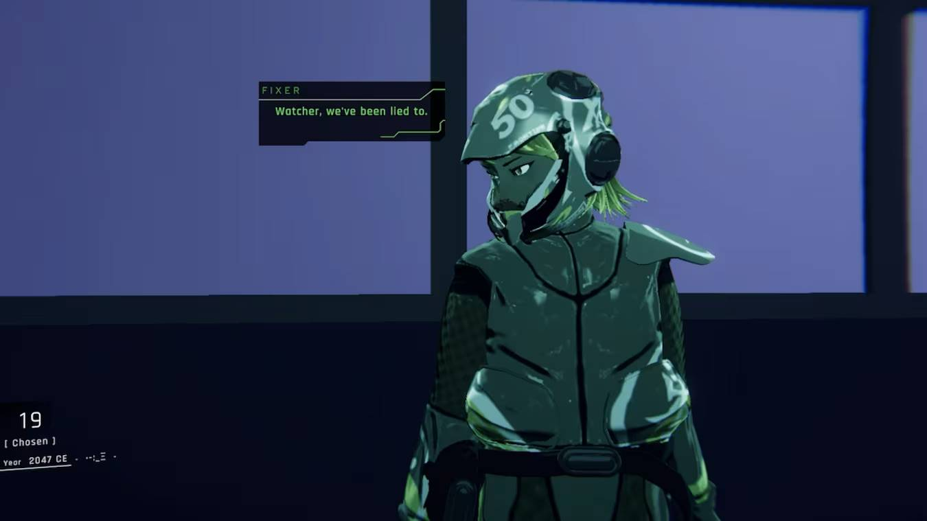 Un personaje animado con armadura verde y el número 50 en el casco habla en un juego.