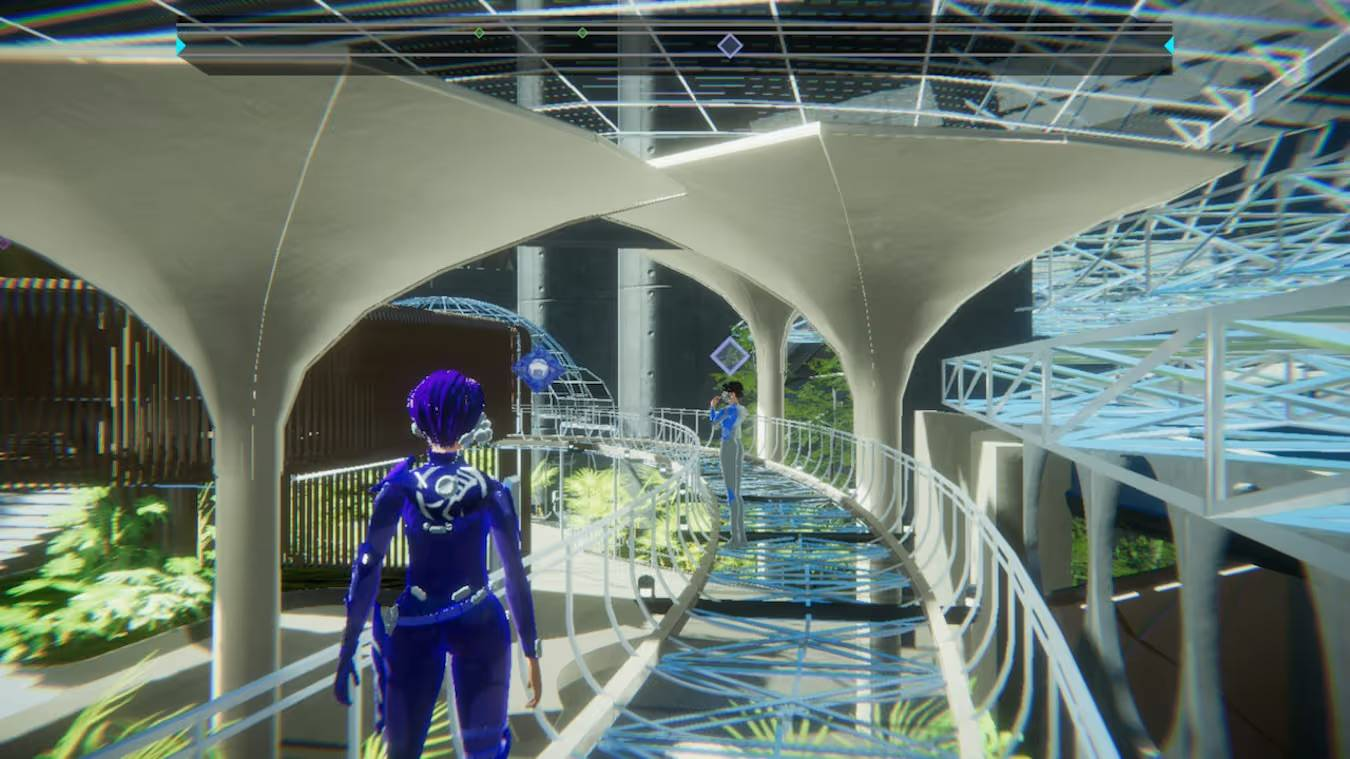 Un personaje con cabello azul y ropa azul está en un puente futurista en una instalación moderna.