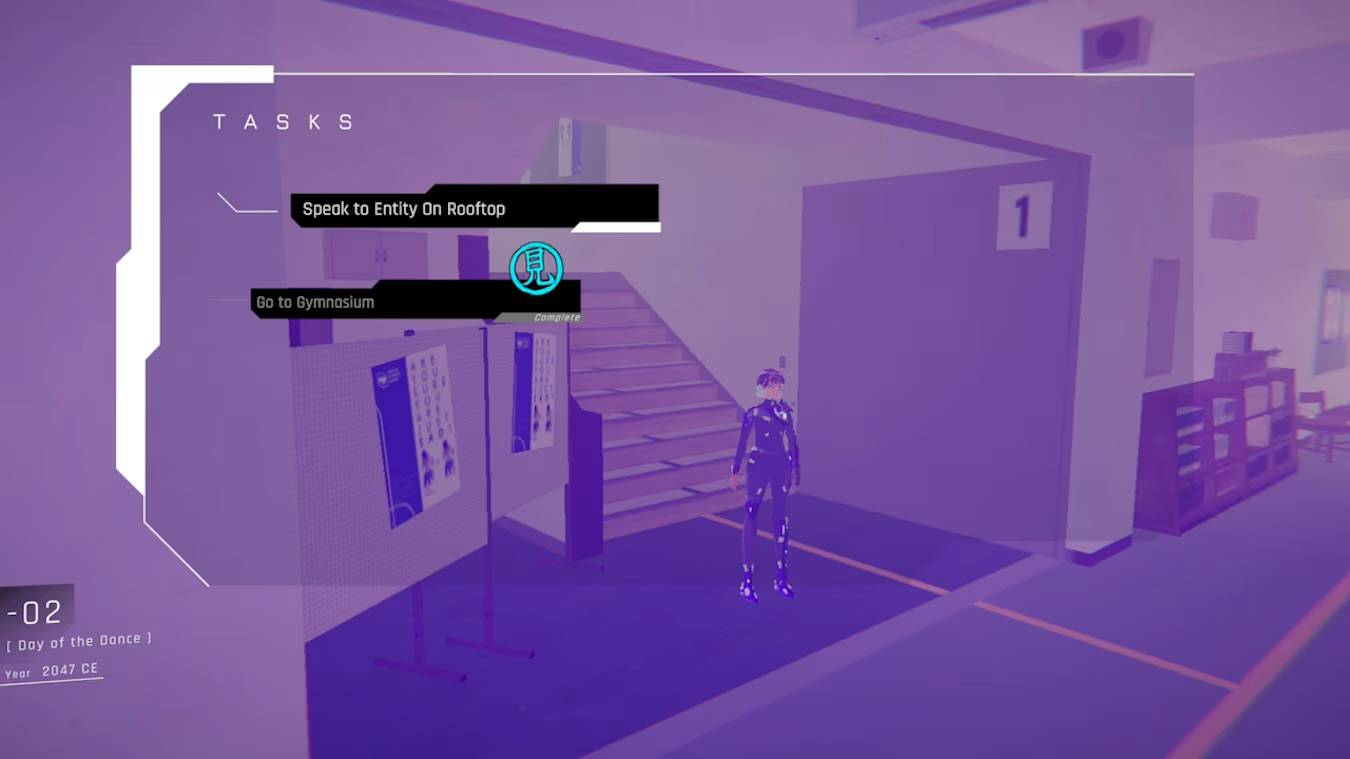 Interfaz de videojuego con lista de tareas en interior morado con un personaje y escaleras.