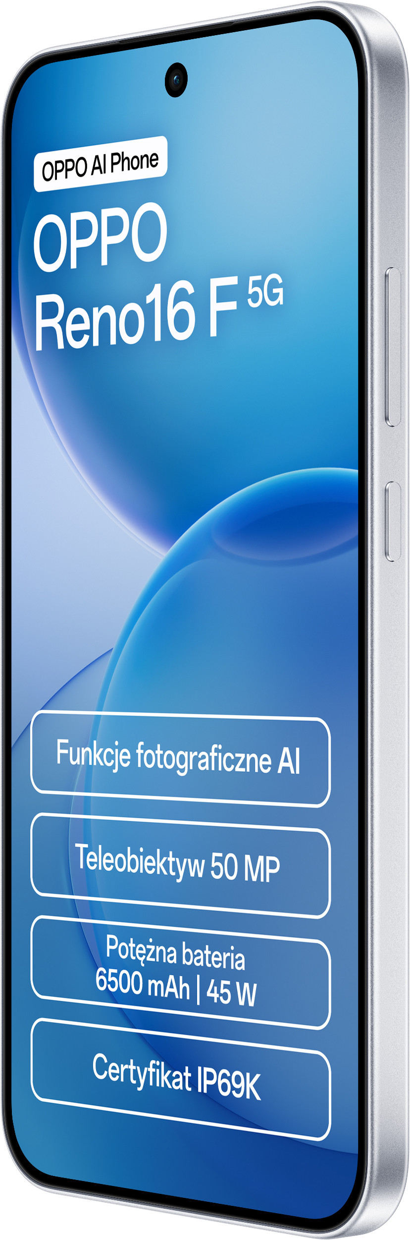 Widok z przodu smartfona OPPO Reno16 F 5G z tekstem na ekranie na niebieskim tle.