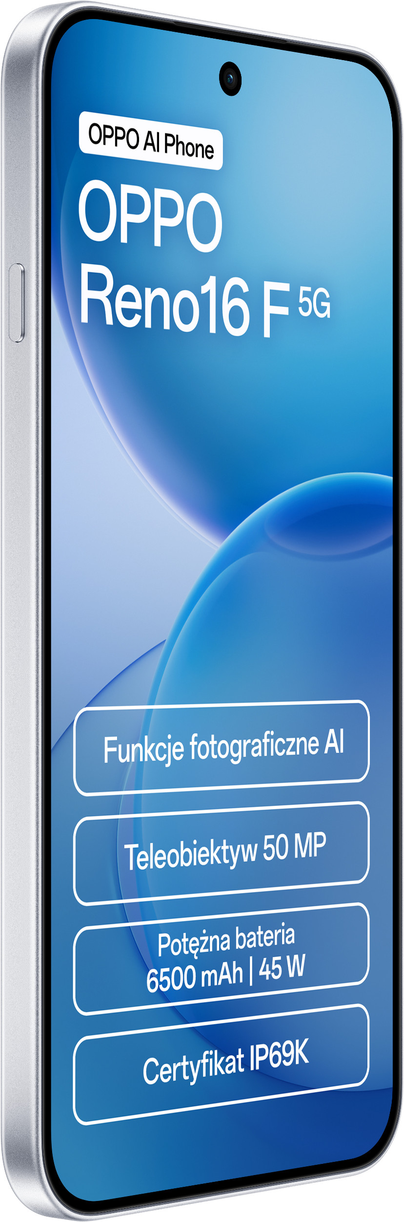 Widok z przodu smartfona OPPO Reno16 F 5G z niebieskim ekranem i specyfikacją.