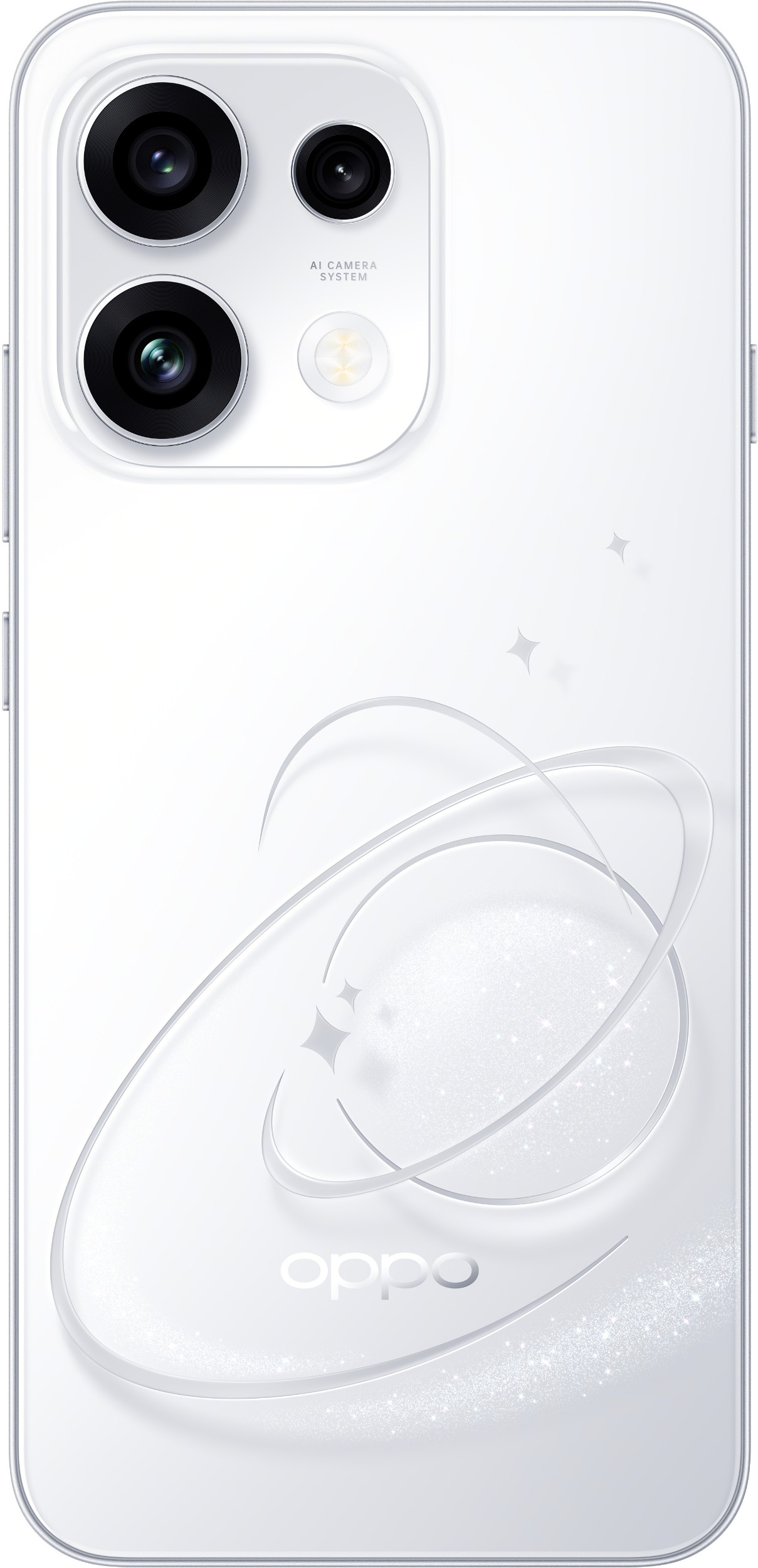 Biały tył smartfona OPPO z potrójnym aparatem i ozdobnym motywem gwieździstych pierścieni.