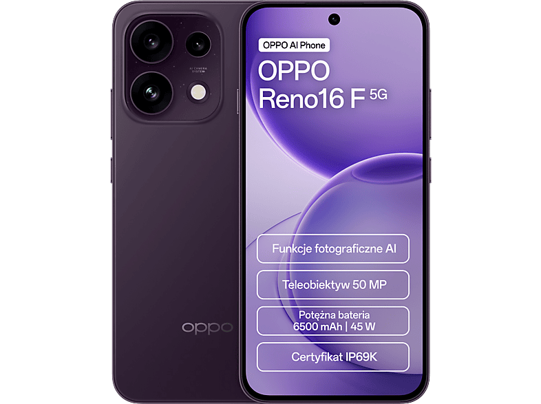 OPPO Reno16F 5G 8/256GB Funkcje AI 6,57" 120Hz 50Mpix Fioletowy
