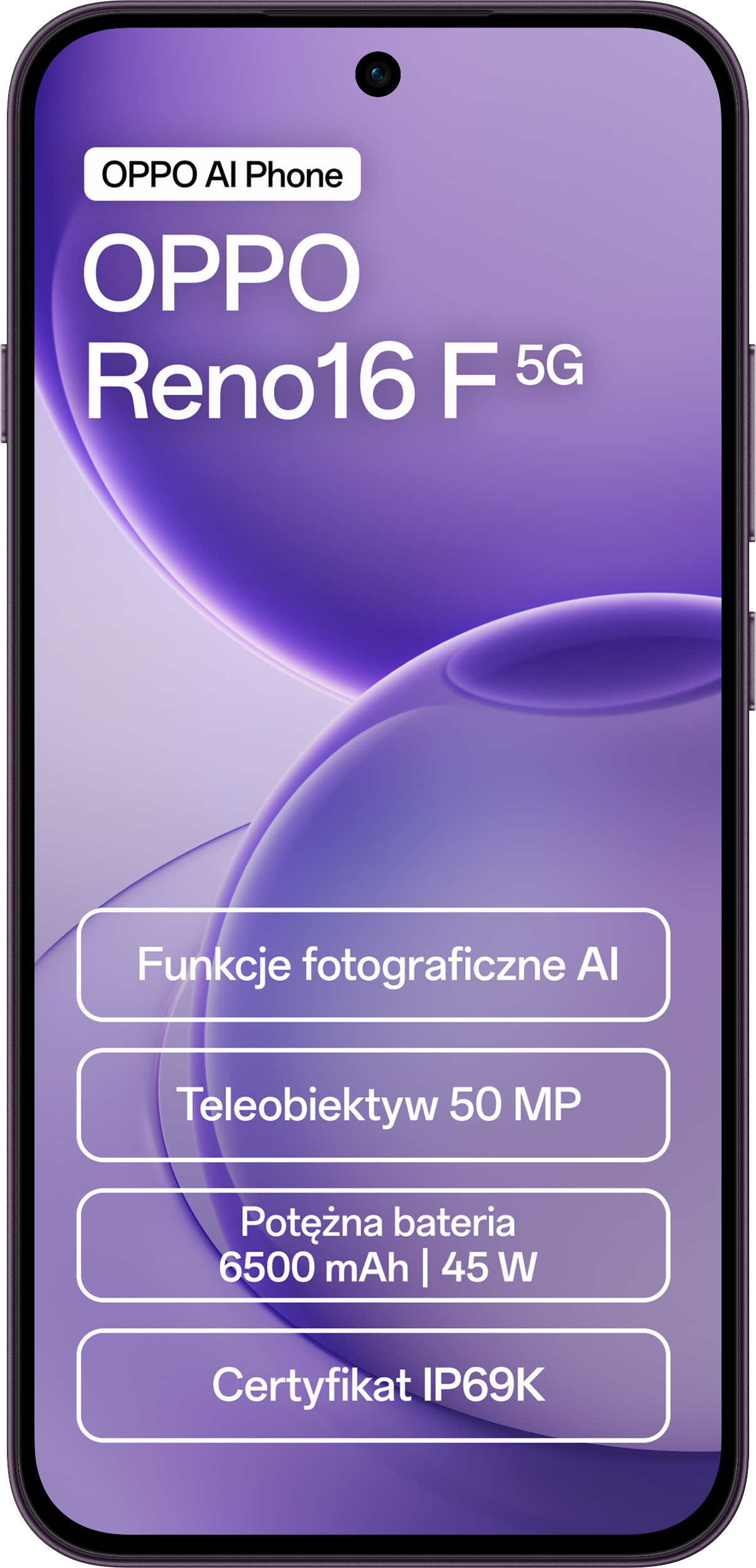 Smartfon OPPO Reno16 F 5G z fioletowym tłem i czterema ramkami funkcji na ekranie.