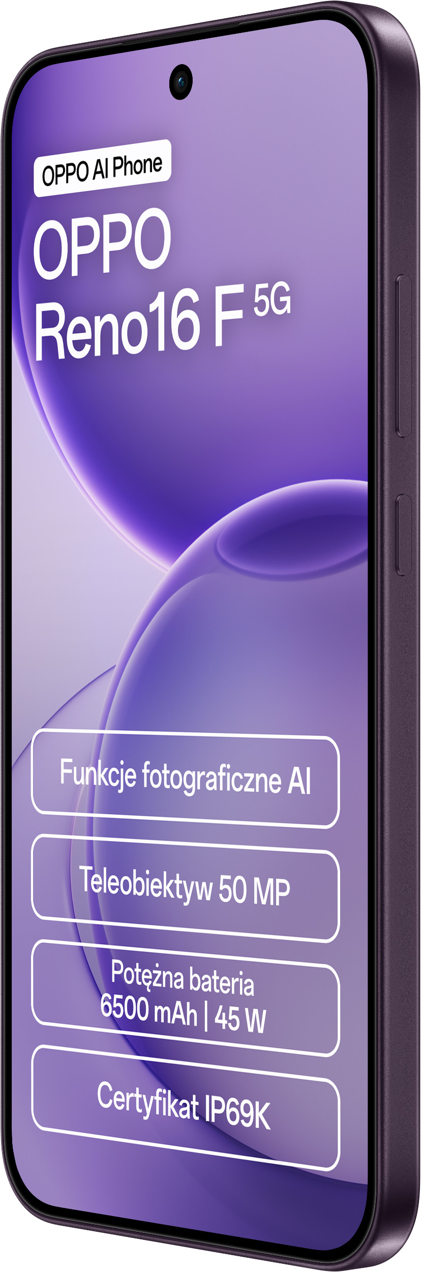 Fioletowy smartfon OPPO Reno16 F 5G z reklamowanymi funkcjami na ekranie.