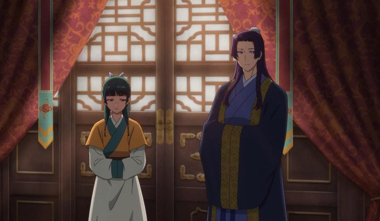 Zwei anime Figuren in traditioneller chinesischer Kleidung stehen vor einer verzierten Holz-Doppeltür.