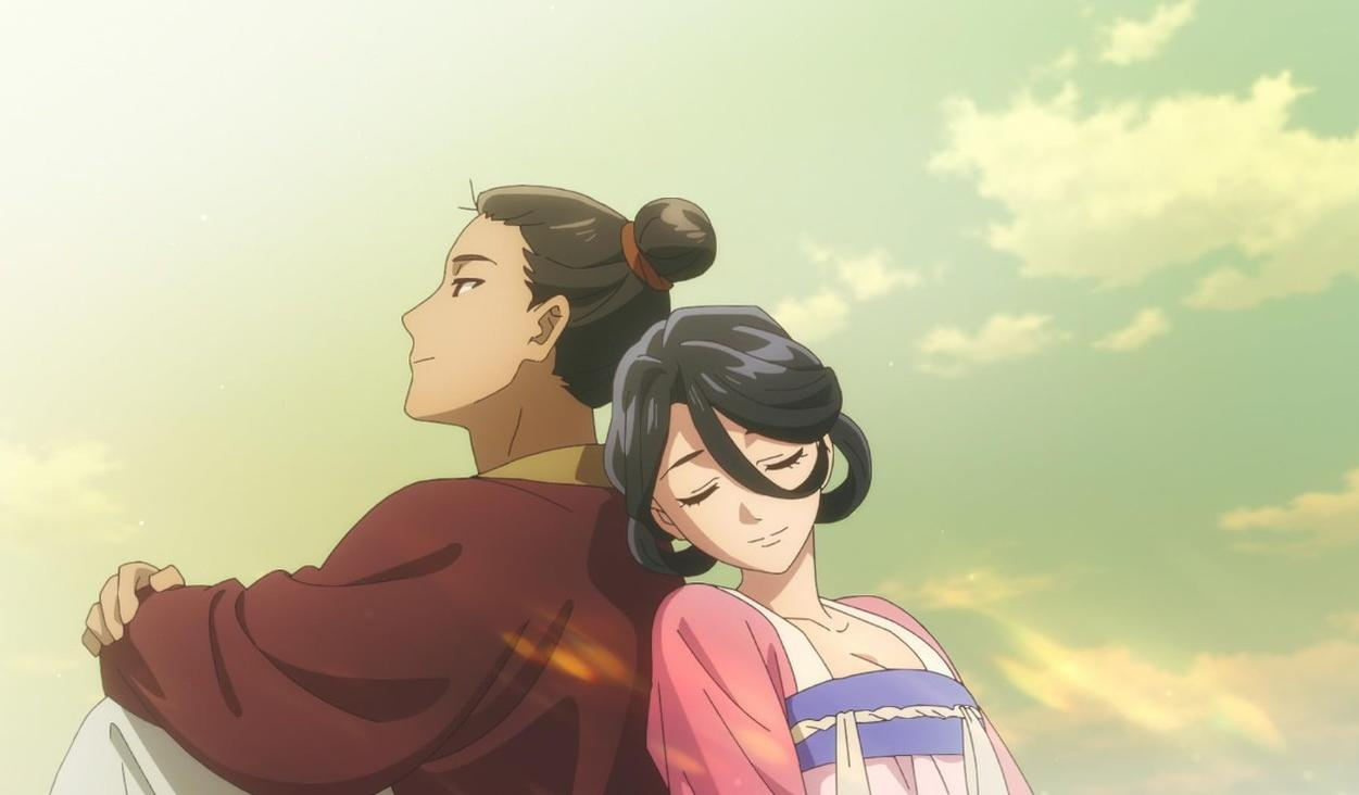 Ein anime-Paar lehnt sich vor einem hellen Himmel aneinander.