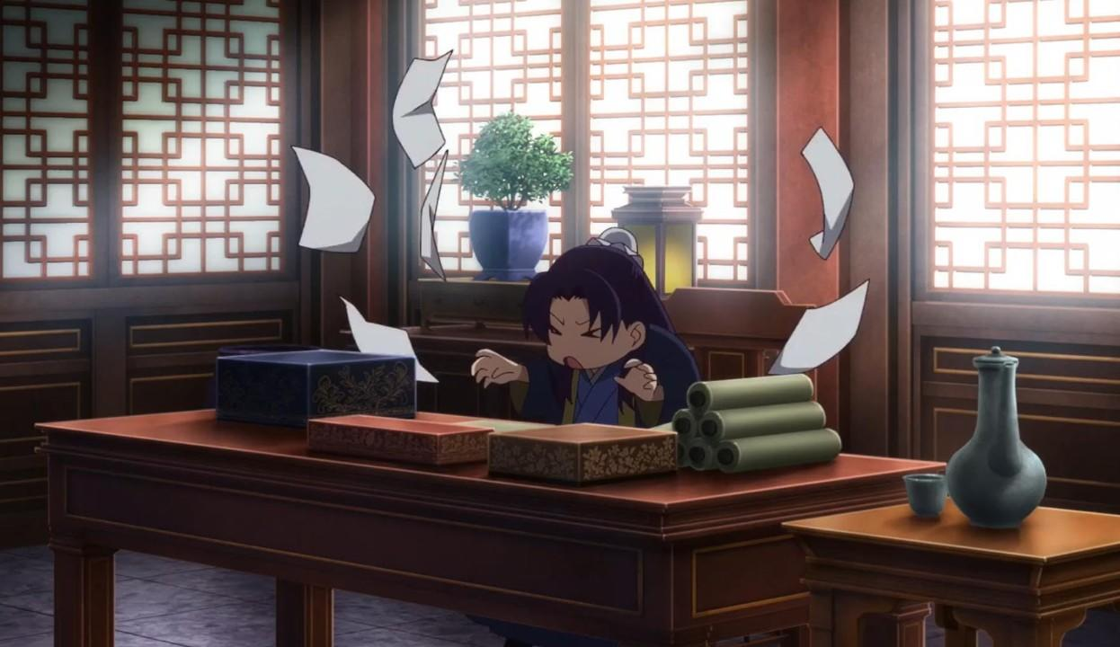 Ein Anime-Charakter gerät an einem Schreibtisch in Panik, während Papiere wirbeln.