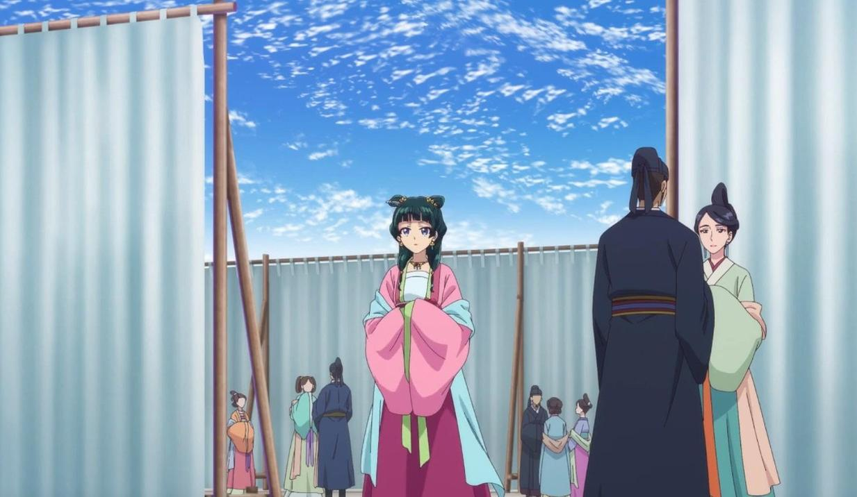 Anime-Charaktere in traditioneller Kleidung im Freien unter blauem Himmel mit Wolken.