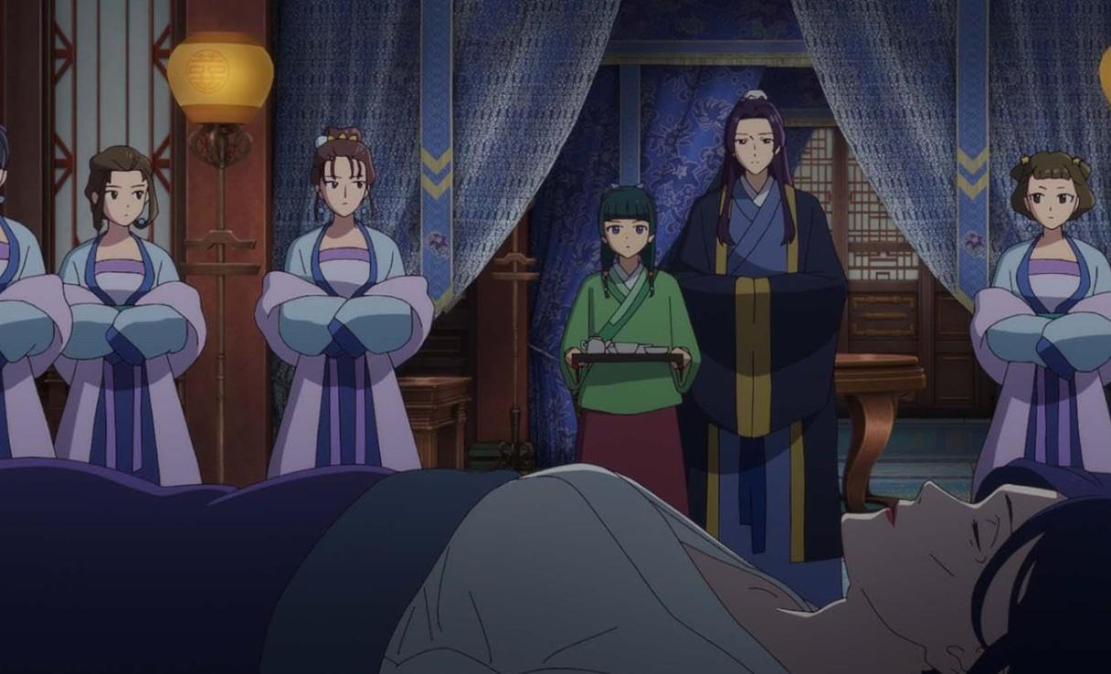 Anime-Szene mit Personen im traditionellen Gewand in einem Raum mit blauen Vorhängen und liegender Person im Vordergrund.