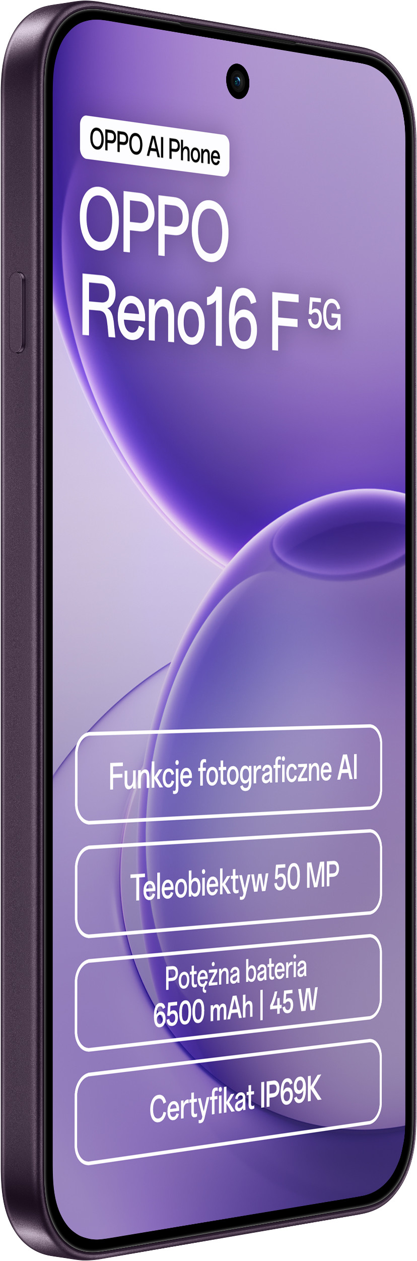 Fioletowy smartfon Oppo Reno16 F 5G z fioletowym tłem i polami tekstowymi funkcji.