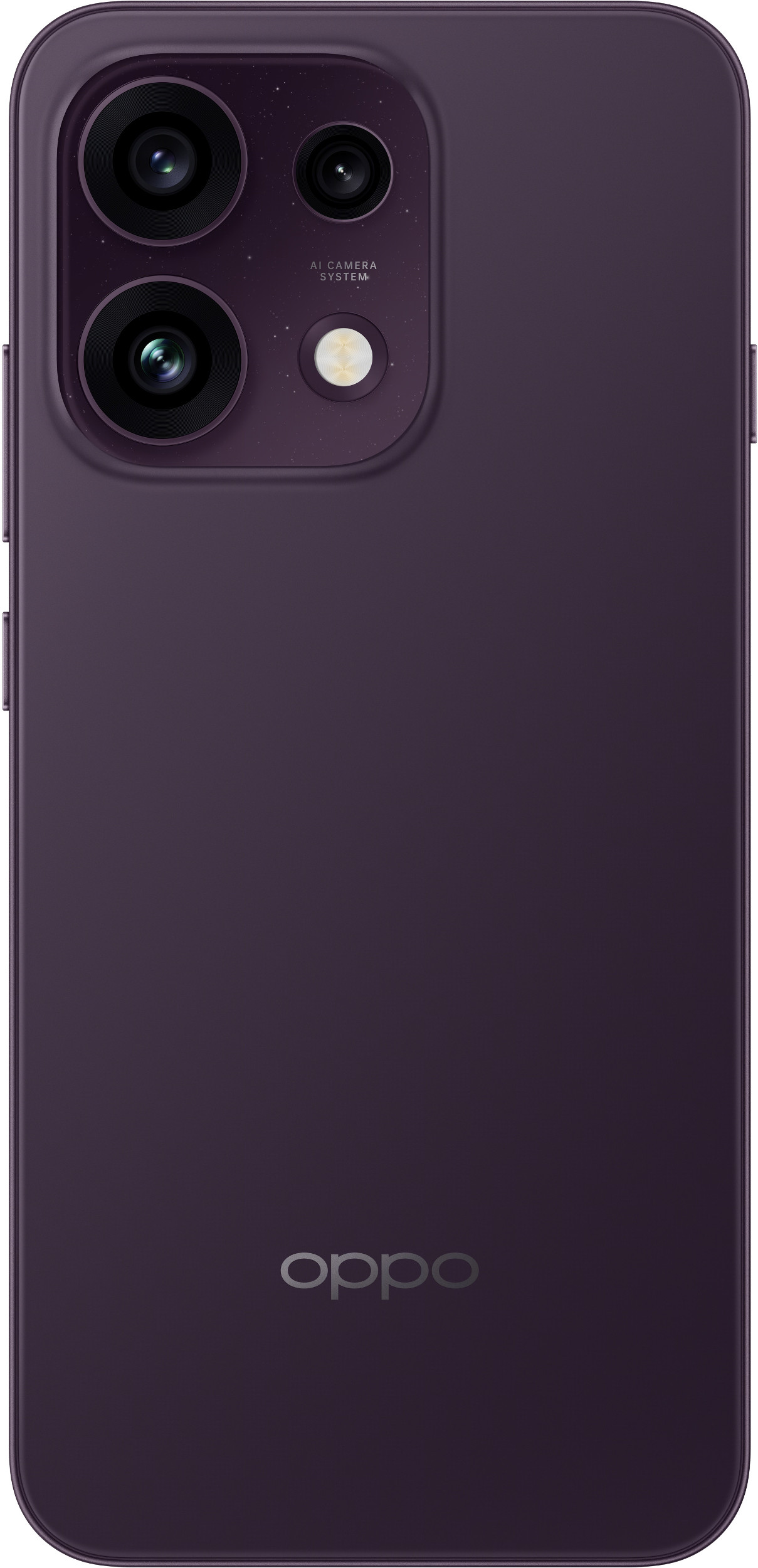 Tył fioletowego smartfona Oppo z trzema aparatami, lampą błyskową i logo Oppo na dole.
