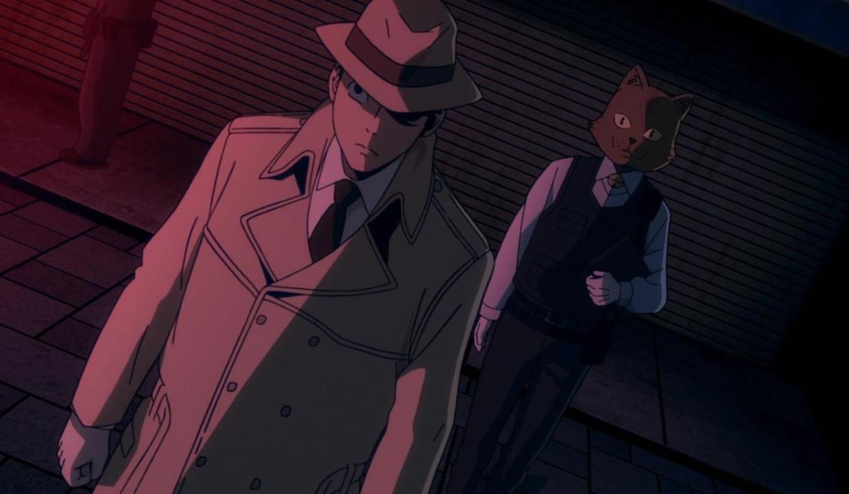 Ein Anime-Mann im Trenchcoat und Hut steht draußen, dahinter eine Person mit Katzenmaske.