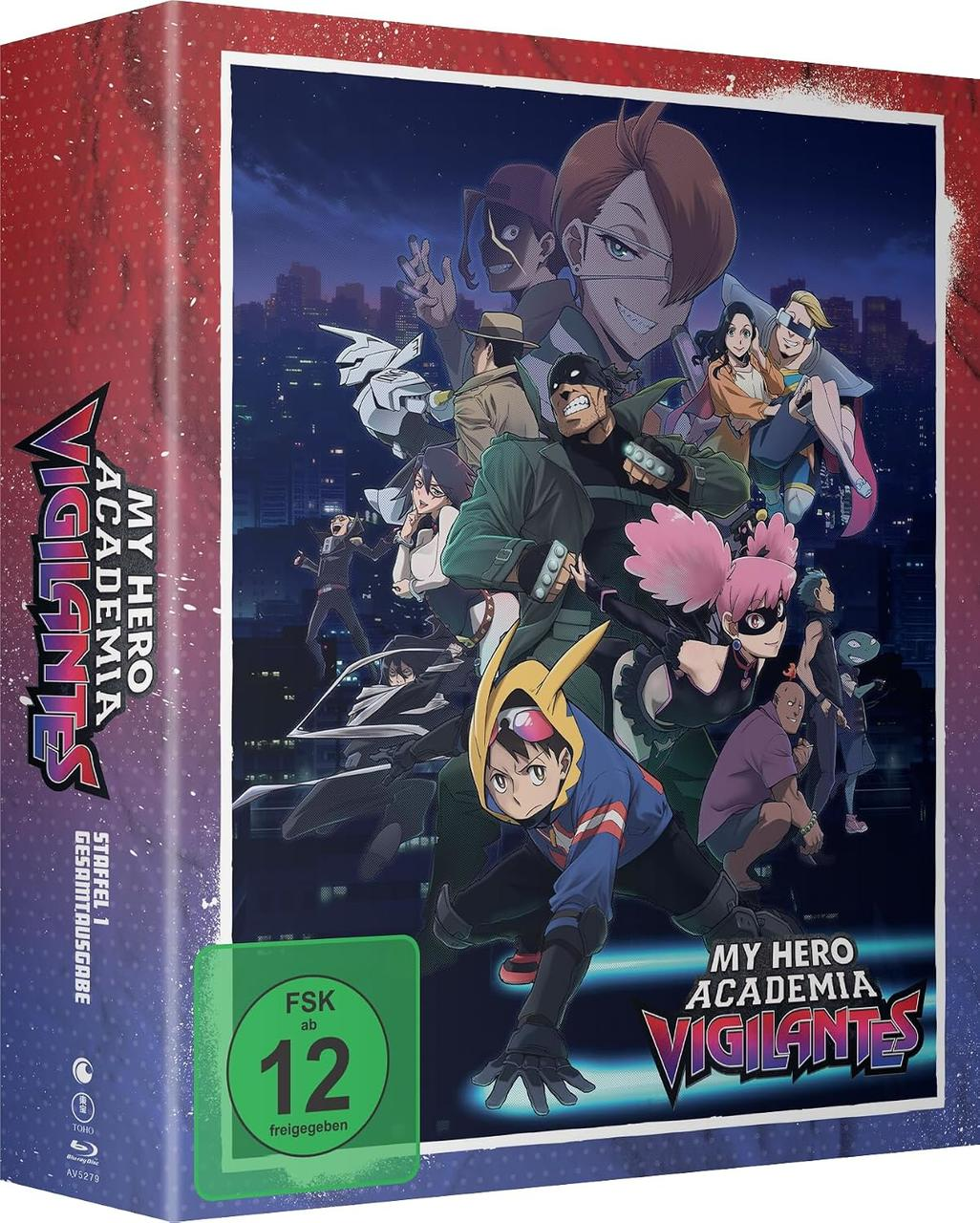 Anime-Blu-ray-Hülle mit verschiedenen Figuren von My Hero Academia: Vigilantes vor nächtlicher Stadtkulisse.