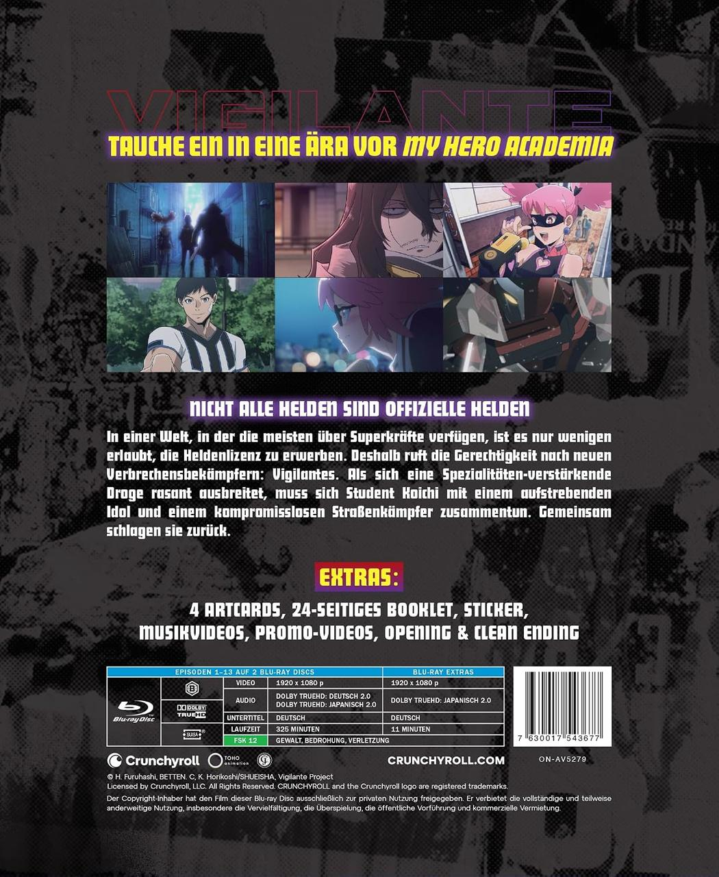 Anime Blu-ray-Rückseite mit Charakterpanels, deutschen Texten, technischen Daten und Barcode auf dunklem Hintergrund.