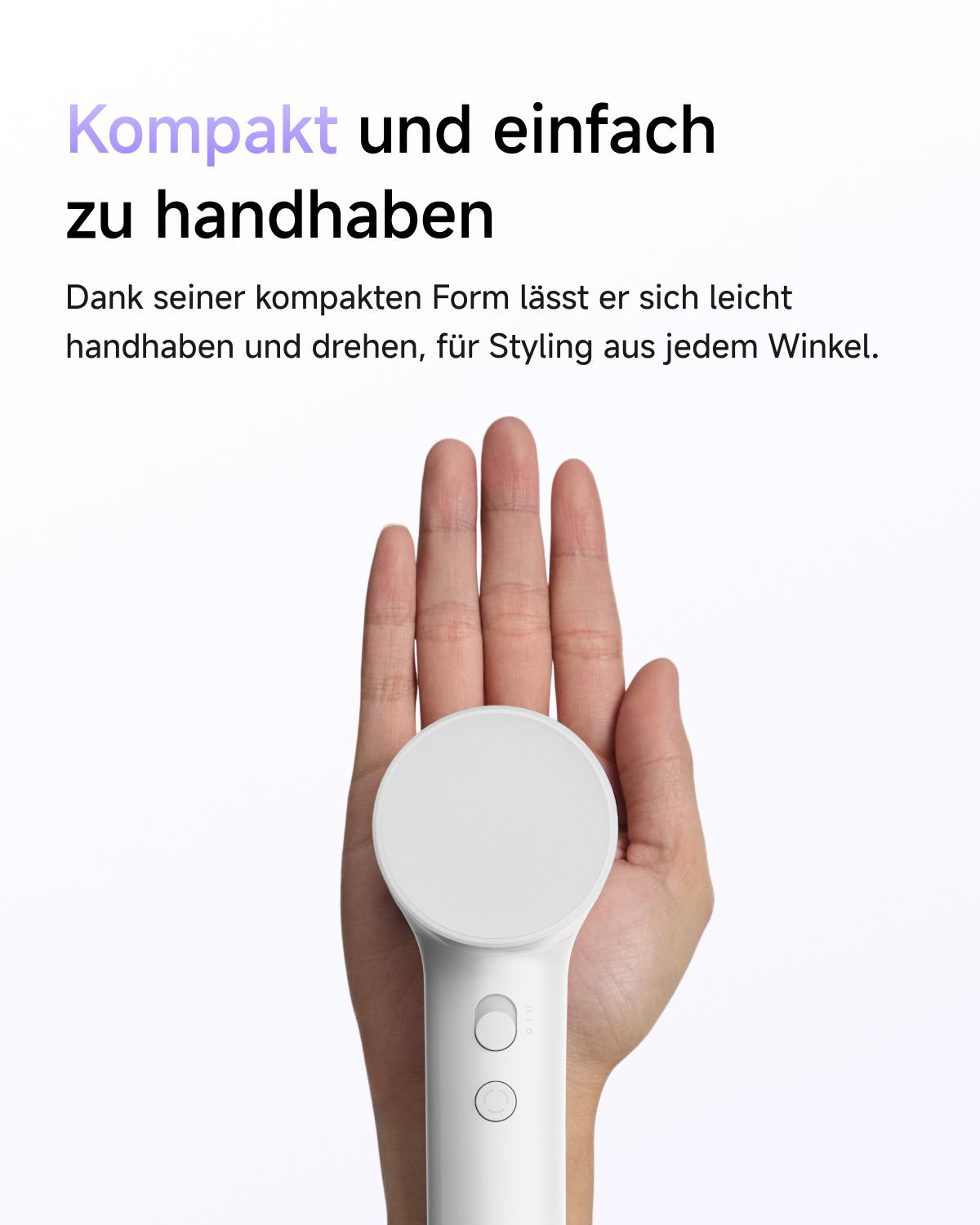 Eine Hand hält ein kompaktes weißes Haarpflegegerät vor einem weißen Hintergrund mit deutschem Text.