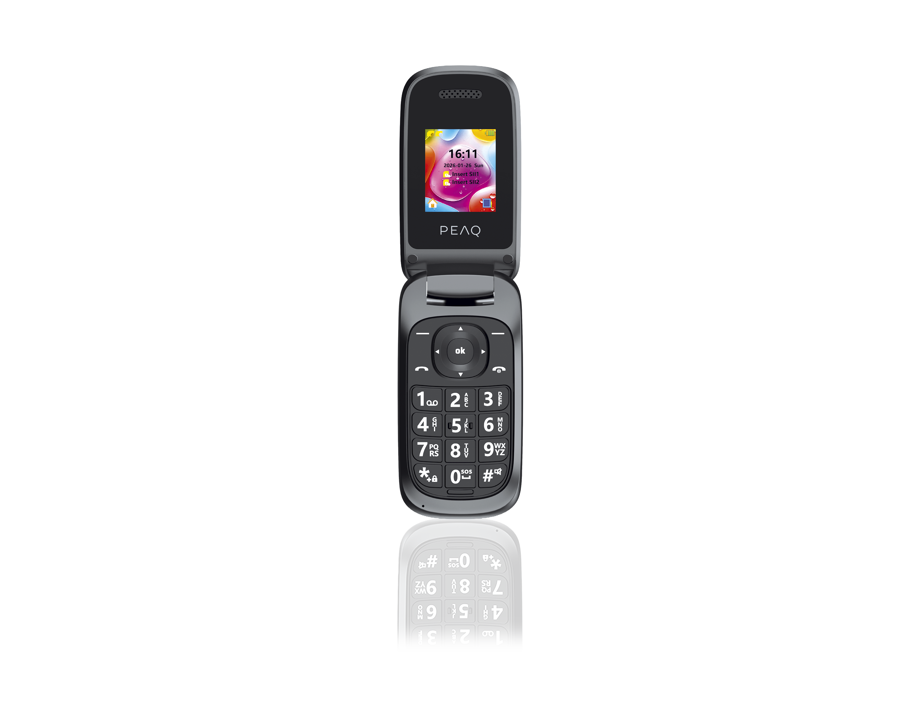 Ein graues Klapphandy steht offen vor schwarzem Hintergrund und zeigt Display und große Tastatur.