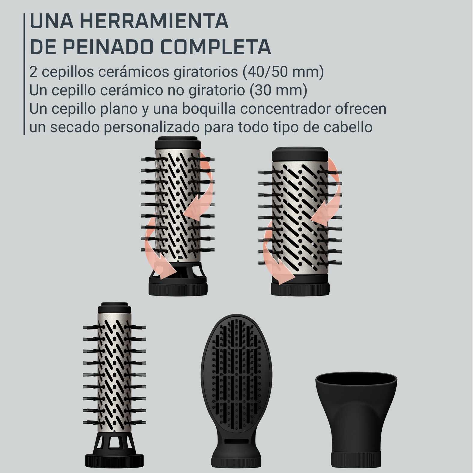 Varios accesorios de peinado que incluyen cepillos giratorios y fijos, y una boquilla.