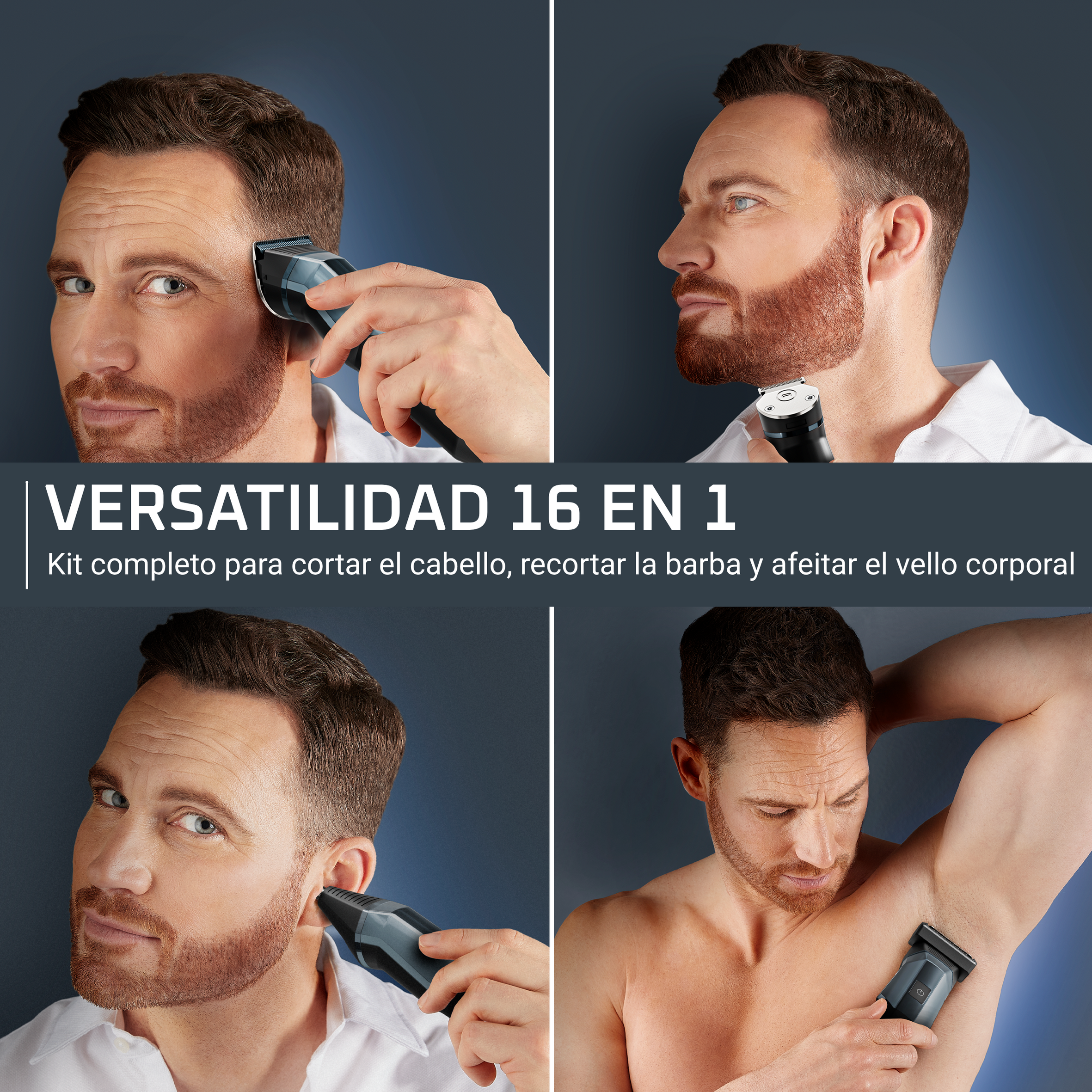 Un hombre usa una recortadora multifunción para cabello, barba y vello corporal.