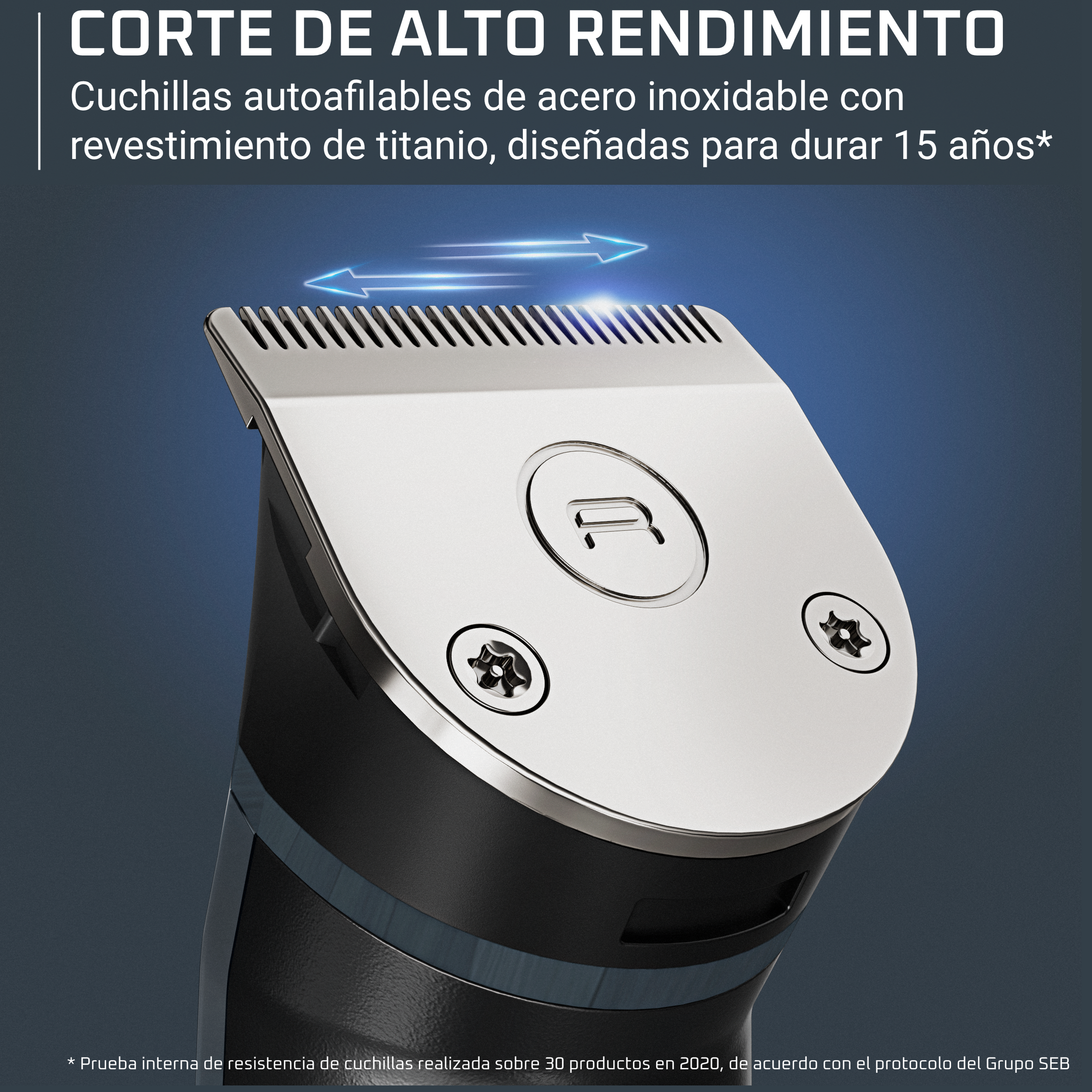 Primer plano de un cortapelos con cuchillas autoafilables con revestimiento de titanio sobre fondo oscuro.