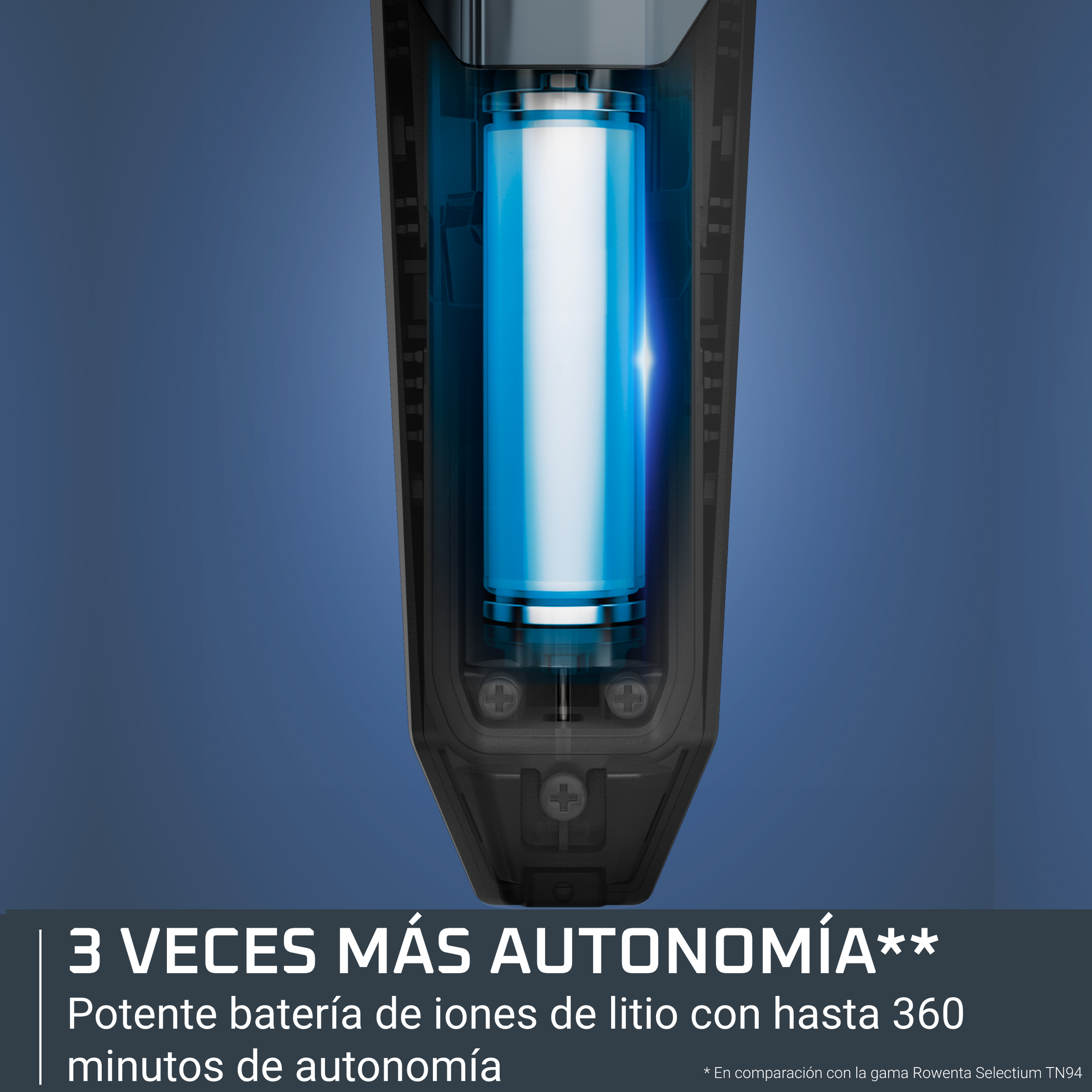 Sección transversal de un dispositivo con una batería cilíndrica azul brillante dentro sobre fondo azul.