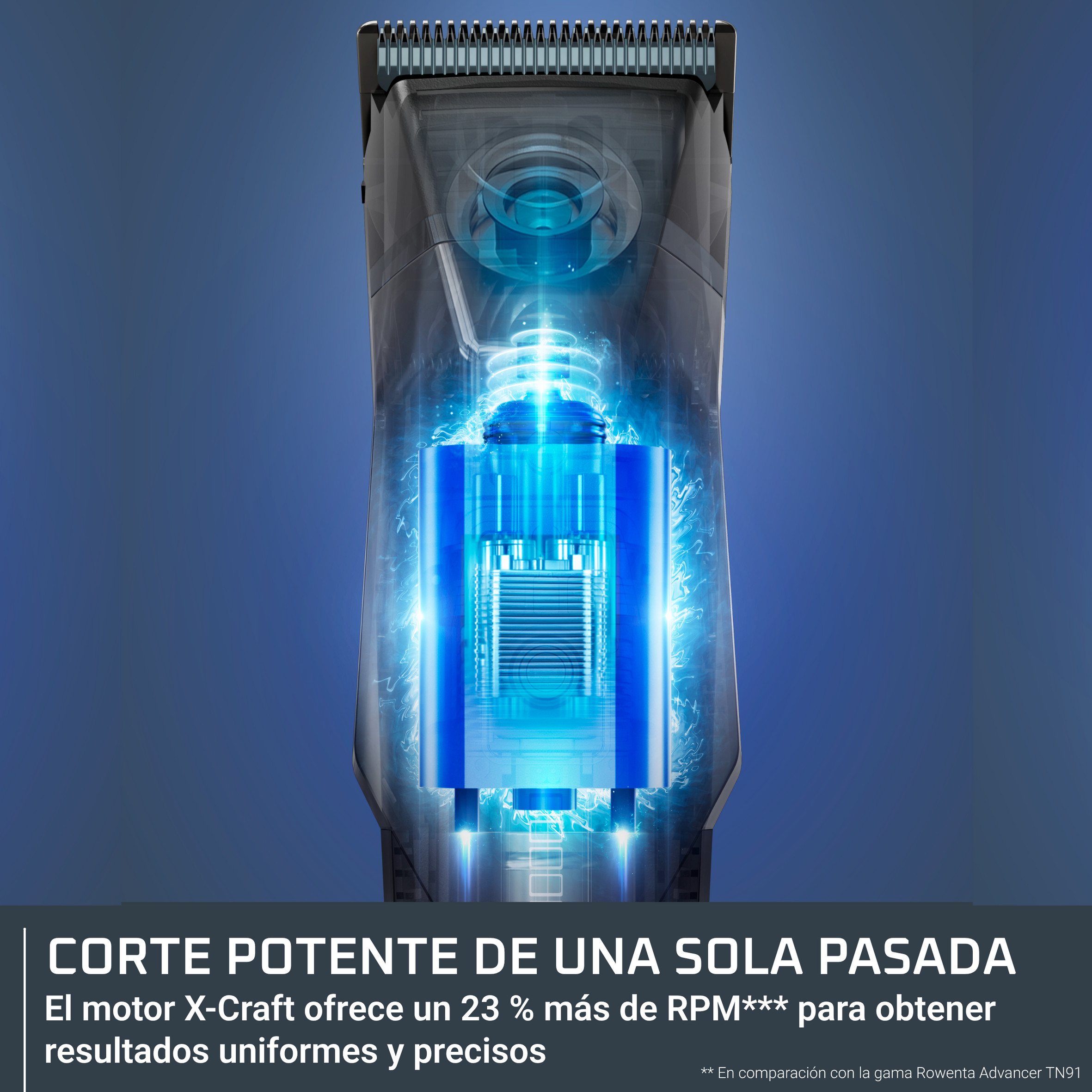 Interior de la cortapelos X-Craft brillando en azul con motor potente.