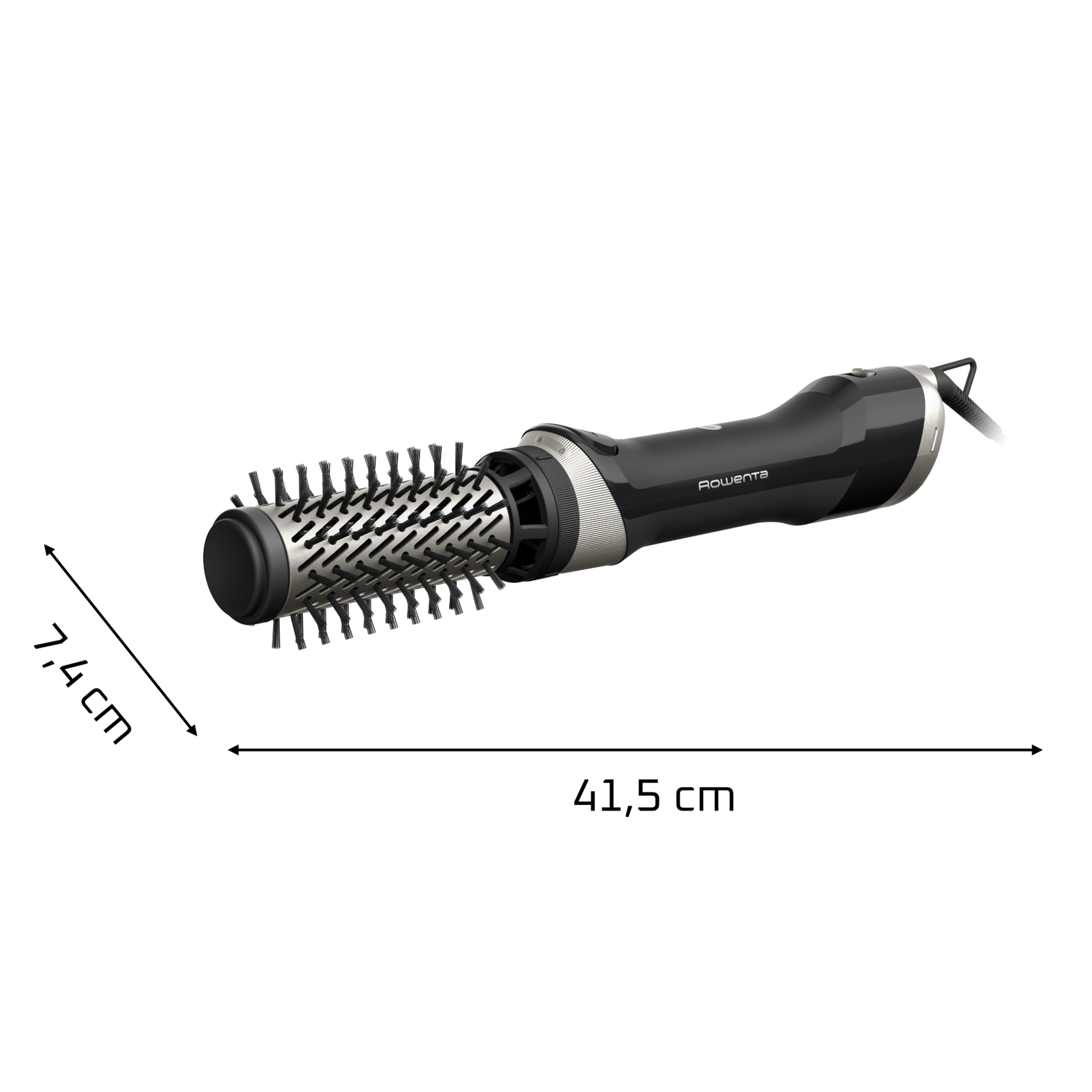Cepillo de aire caliente Rowenta negro con medidas de 41,5 cm de largo y 7,4 cm de ancho sobre fondo blanco.