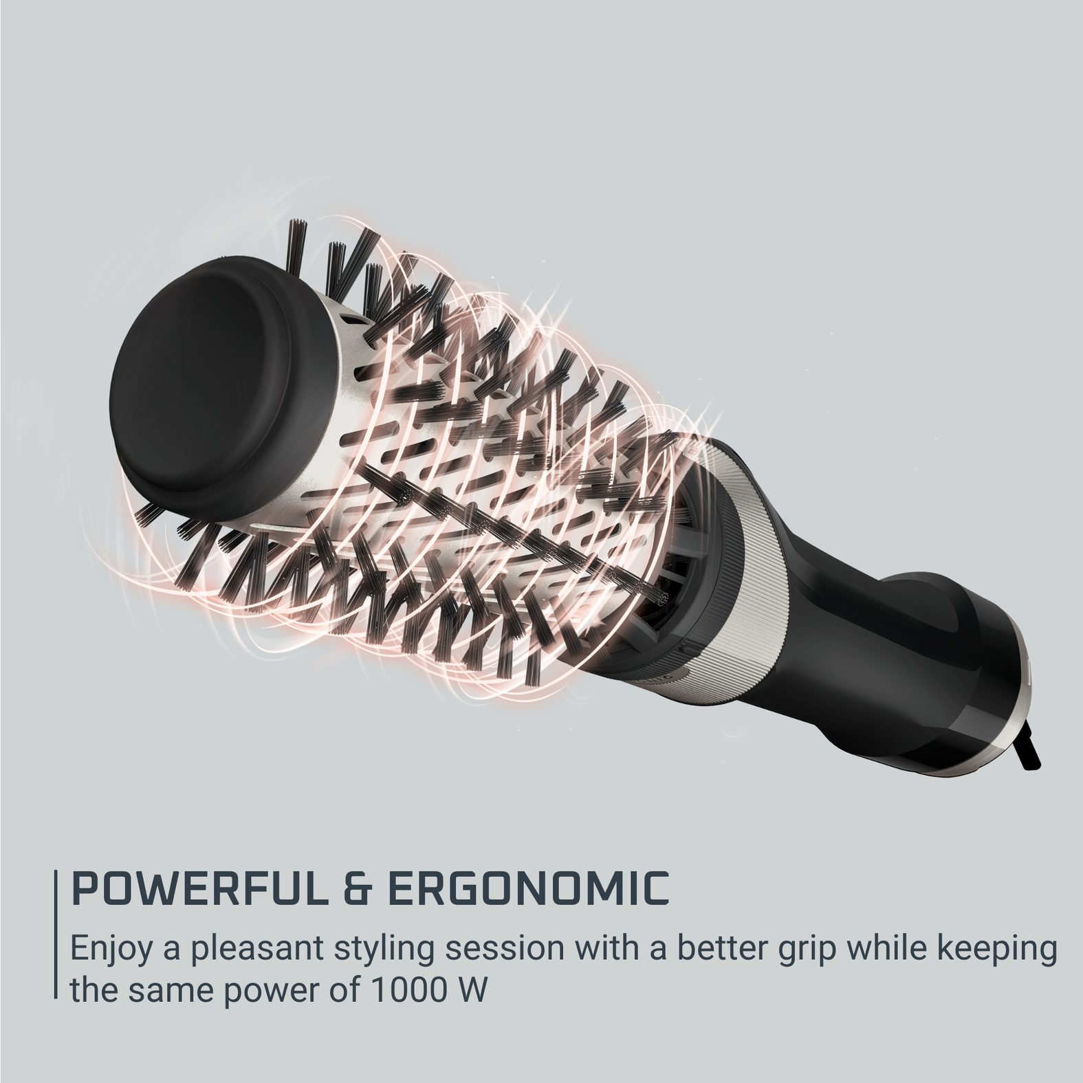 Un cepillo de pelo con líneas rojas alrededor del cabezal y texto sobre potencia y ergonomía.