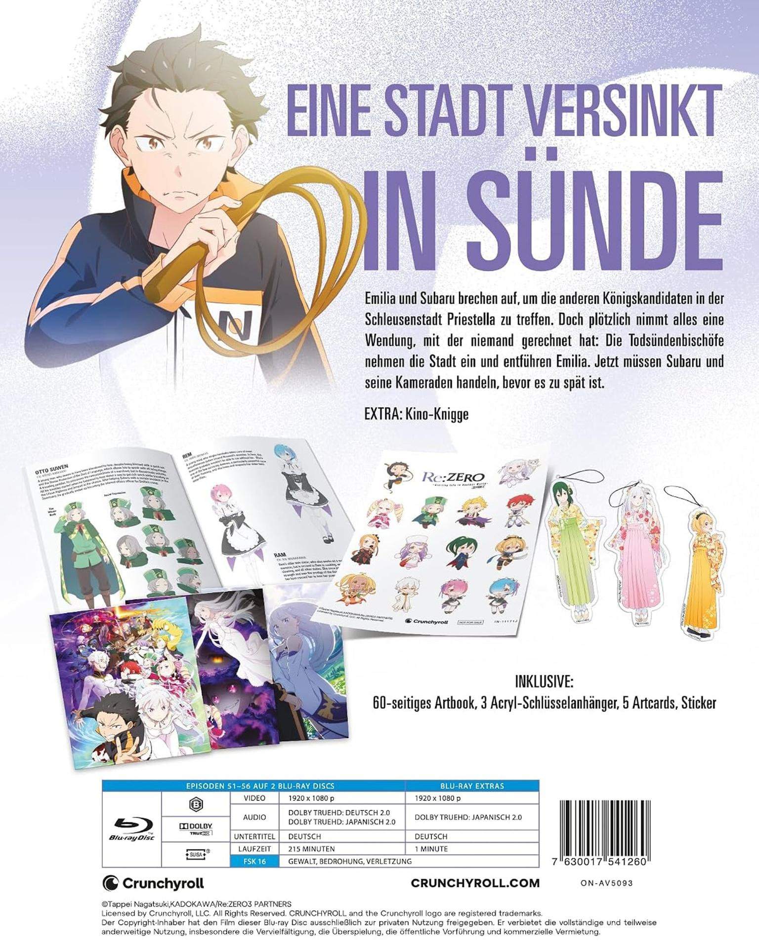 Re:ZERO Blu-ray-Cover mit Subaru, Artbook, Acryl-Schlüsselanhängern, Artcards und Stickern vor weißem Hintergrund.