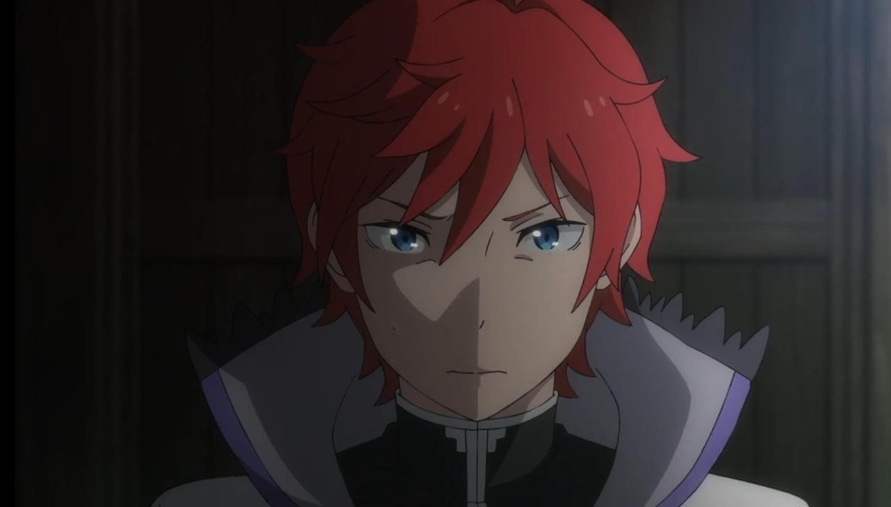 Anime-Charakter mit rotem Haar und blauen Augen, ernster Blick gegen dunklen Hintergrund.