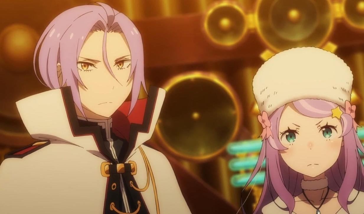 Anime-Charaktere mit lila Haaren, ein Mann in einer weißen Jacke und eine Frau mit Pelzmütze vor Steampunk-Hintergrund.