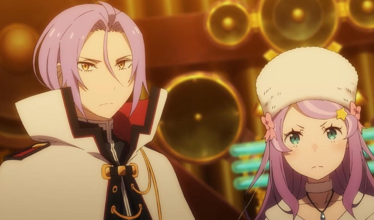 Anime-Charaktere: Ein Mann mit lila Haaren in Uniform und eine Frau mit Hut und lila Haaren vor goldenem Hintergrund.