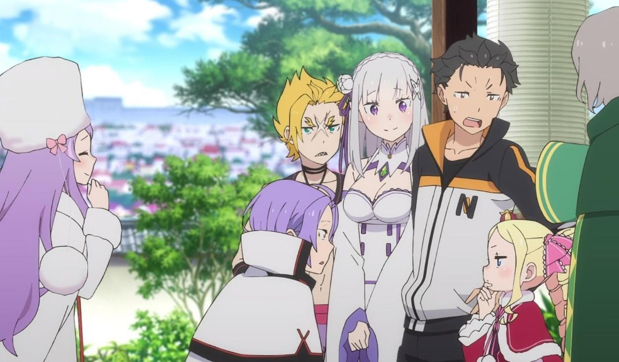 Anime-Szene mit einer Gruppe von Charakteren, die im Freien stehen und sich unterhalten.