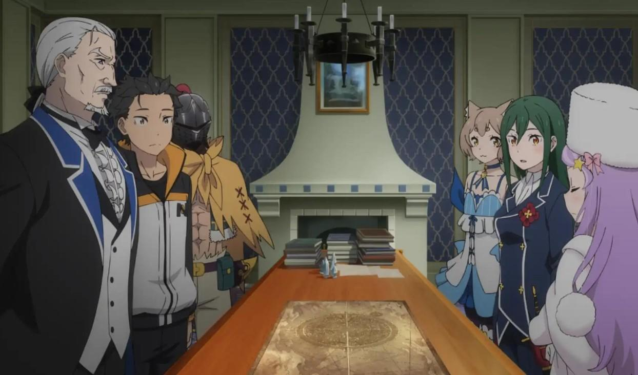 Anime-Charaktere stehen um einen großen Holztisch mit Karte in einem Raum mit Kamin und Kronleuchter.