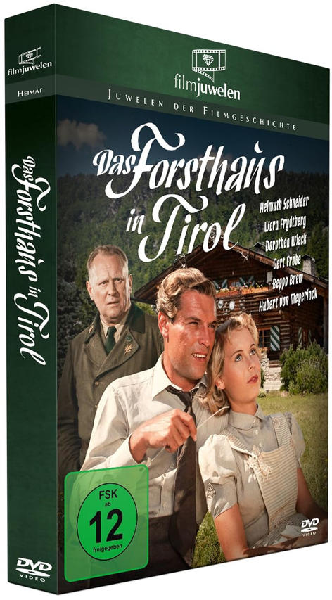 DVD-Cover von Das Forsthaus in Tirol mit drei Schauspielern vor einer Holzhütte.
