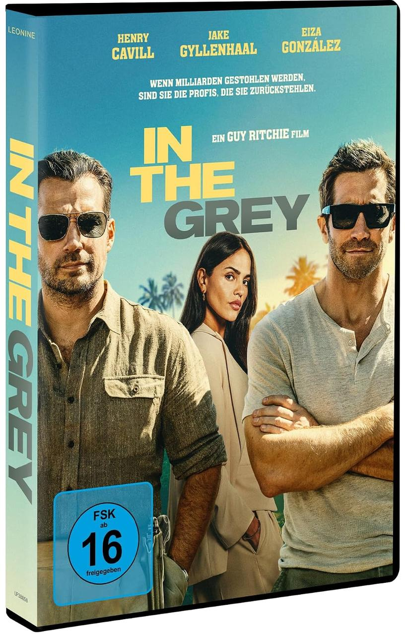 DVD-Cover von In the Grey mit Henry Cavill, Jake Gyllenhaal und Eiza González vor tropischer Kulisse.