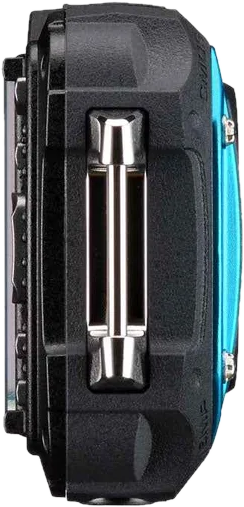 Vue latérale d'un appareil électronique noir avec un bouton métallique et des accents bleus sur fond noir.