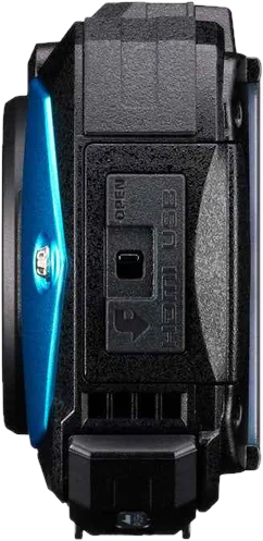 Vue latérale d'un appareil électronique noir doté d'un panneau bleu et d'un volet de port.