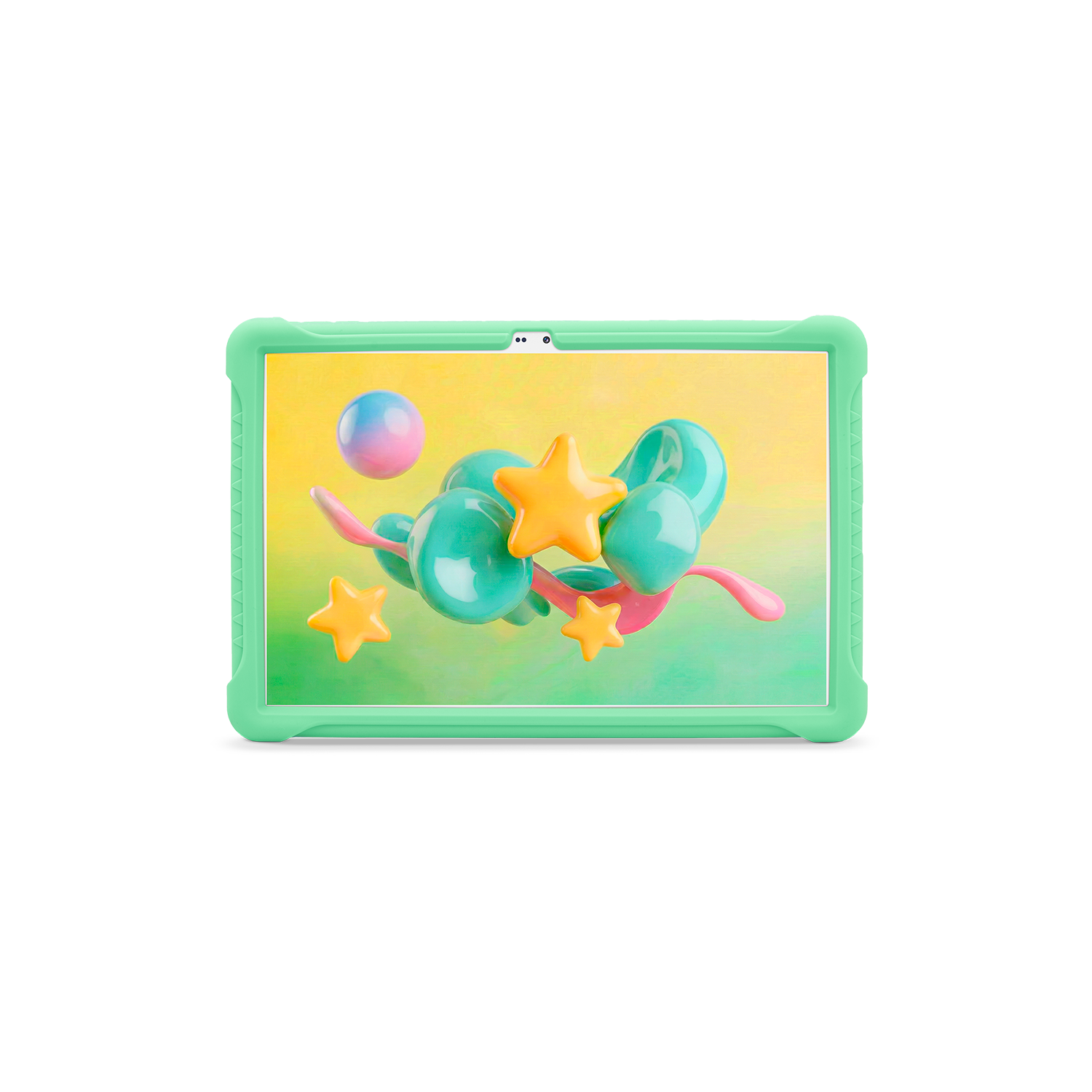 Tableta verde con estrellas y formas 3D coloridas sobre fondo amarillo.