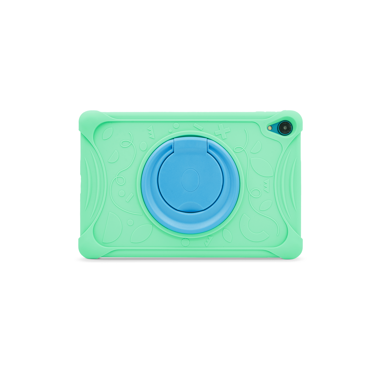 Una funda de tableta verde claro con un soporte de anillo circular azul en la parte trasera.