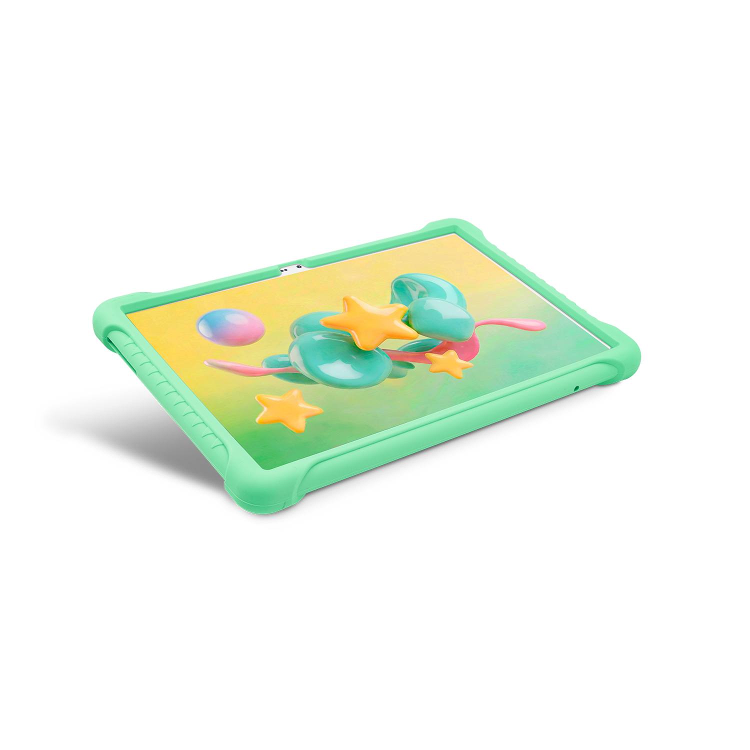 Una funda protectora verde menta muestra un fondo de pantalla 3D colorido de estrellas y esferas sobre fondo negro.
