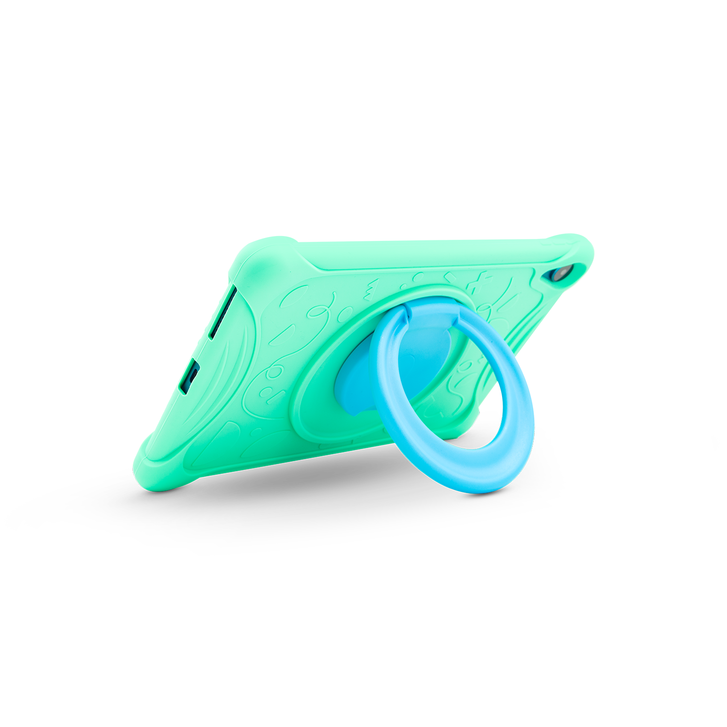 Una funda de tableta verde claro con un soporte de anillo plegable azul en la parte trasera sobre fondo negro.