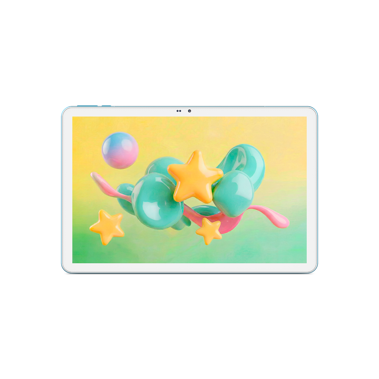 Una tableta con un colorido fondo de pantalla 3D de burbujas verde azulado, cintas rosas y estrellas amarillas sobre fondo amarillo y verde.