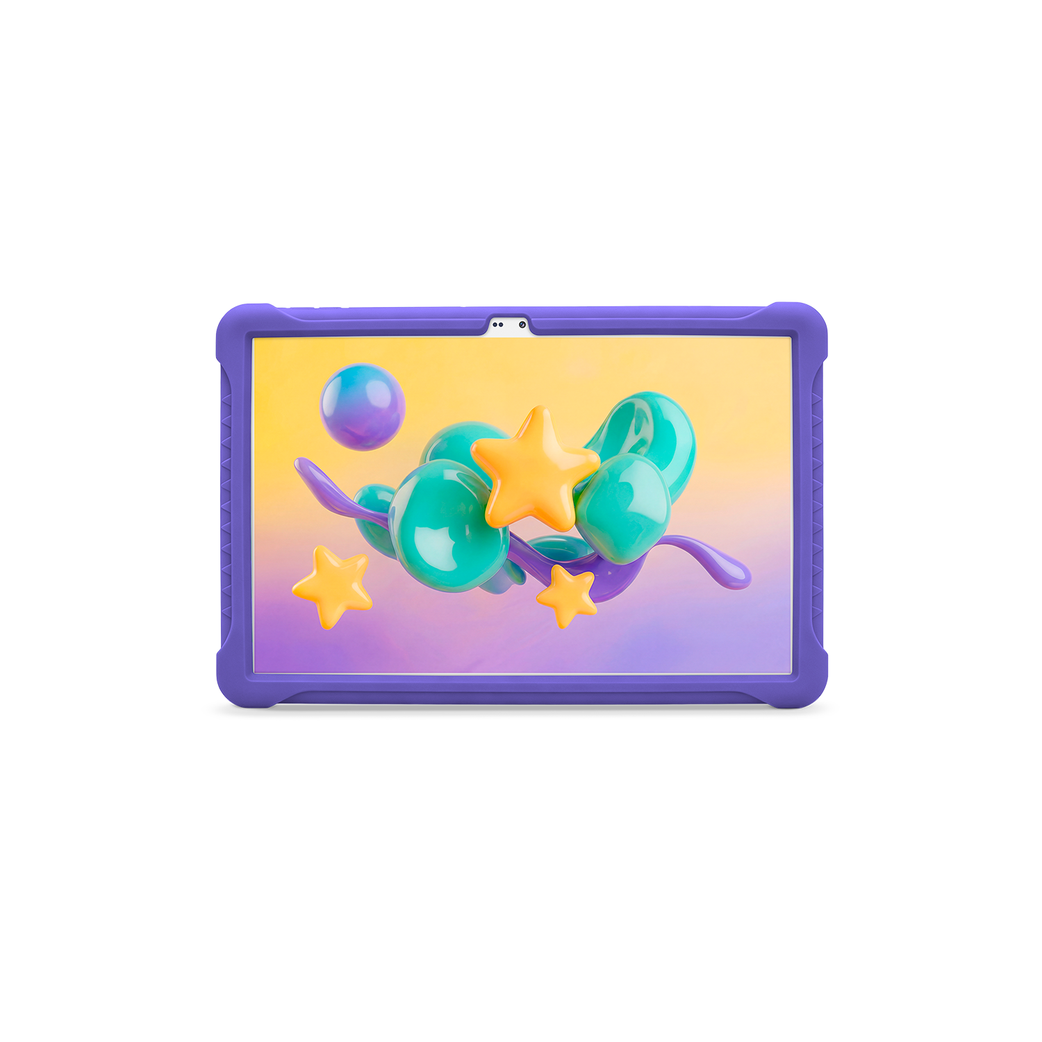 Tablet morada con estrellas y burbujas 3D coloridas sobre fondo amarillo y morado.