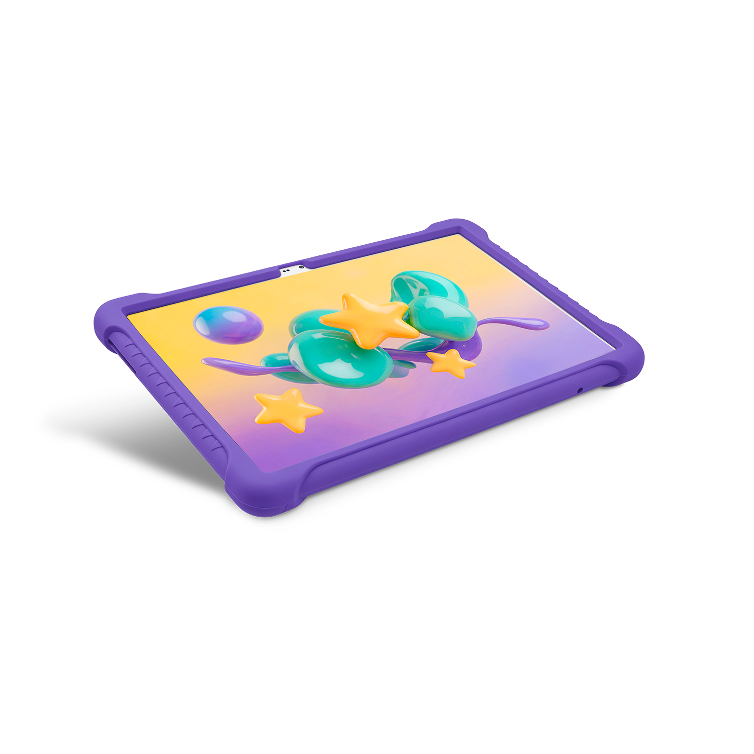 Una funda protectora morada sostiene una tableta con un fondo de pantalla colorido de estrellas 3D.