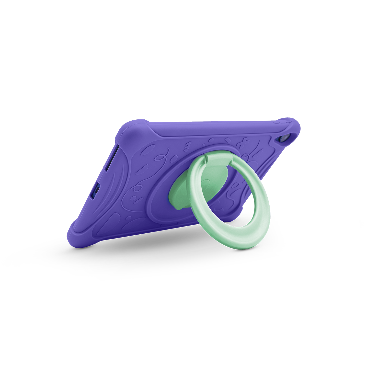 Fundas de tablet moradas con patrón de garabatos y soporte de anillo verde claro en la parte posterior, fondo negro.